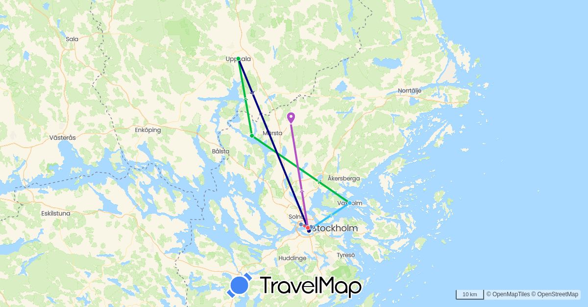 TravelMap itinerary: driving, bus, cycling, train, hiking, boat in Sweden (Europe)